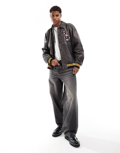 Real Leather Bomber Jacket With Varsity Badging