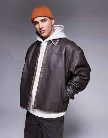 Real Leather Oversized Distressed Coach Jacket