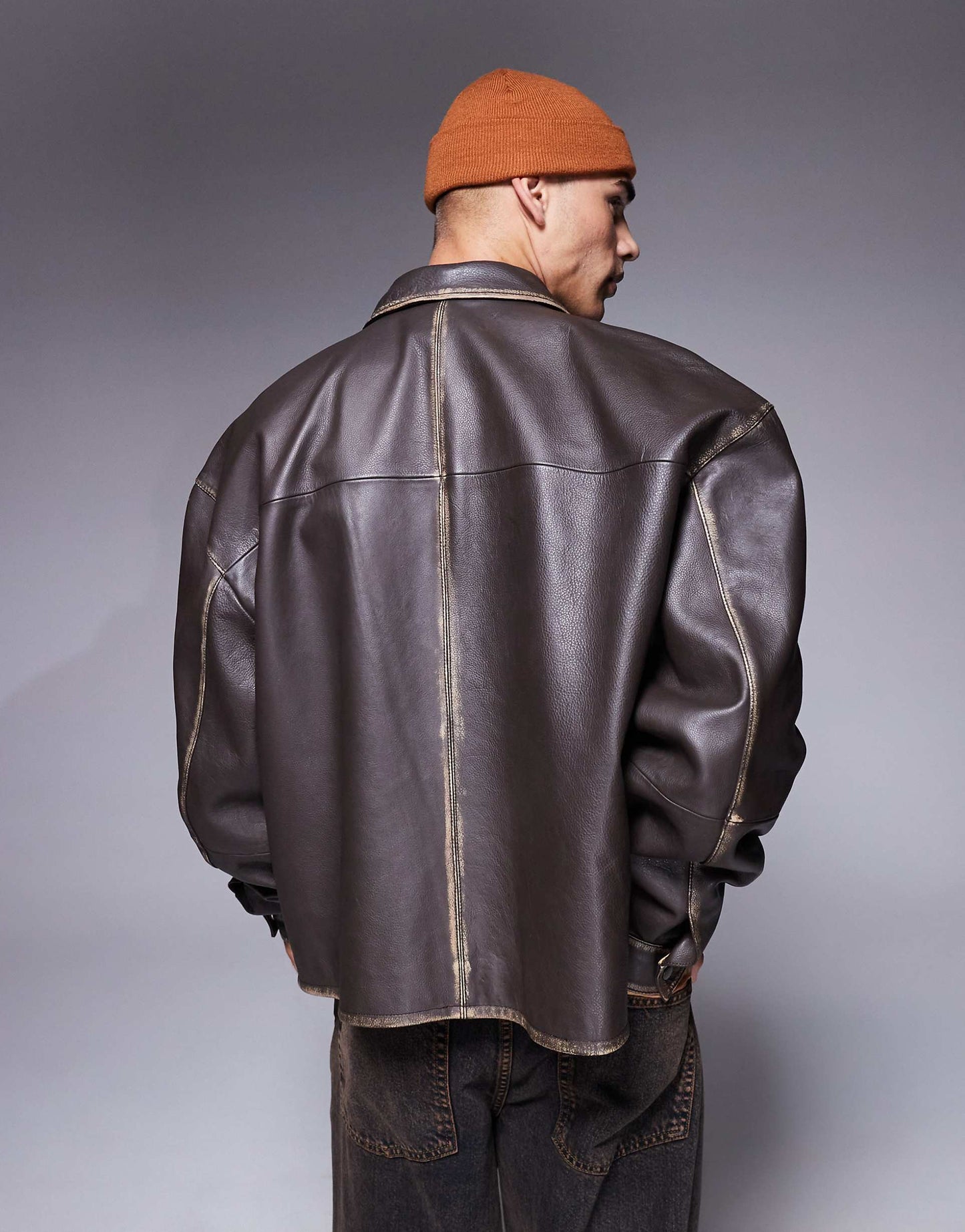Real Leather Oversized Distressed Coach Jacket