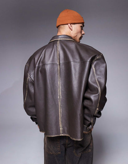 Real Leather Oversized Distressed Coach Jacket