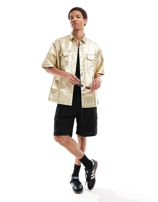 Short Sleeve Boxy Oversized Gold Coated Denim