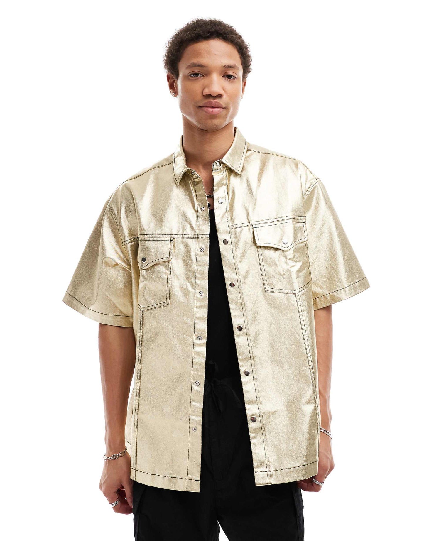 Short Sleeve Boxy Oversized Gold Coated Denim