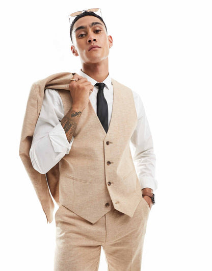Slim Herringbone Suit Waistcoat With Linen