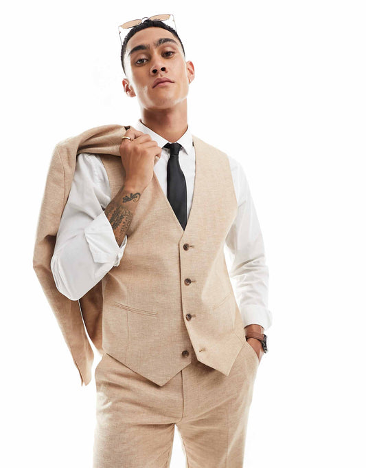 Slim Herringbone Suit Waistcoat With Linen
