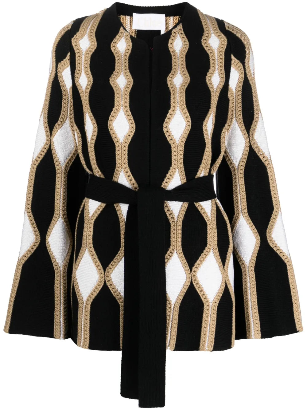 Intarsia-Knit Belted Cardigan