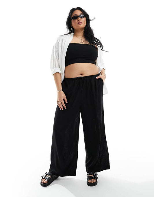 Curve Wide Leg Pull On Trouser With Linen