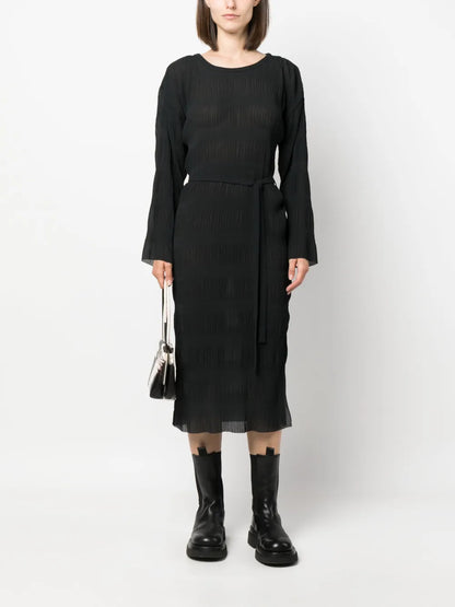 Plissé-Effect Tied-Waist Midi Dress