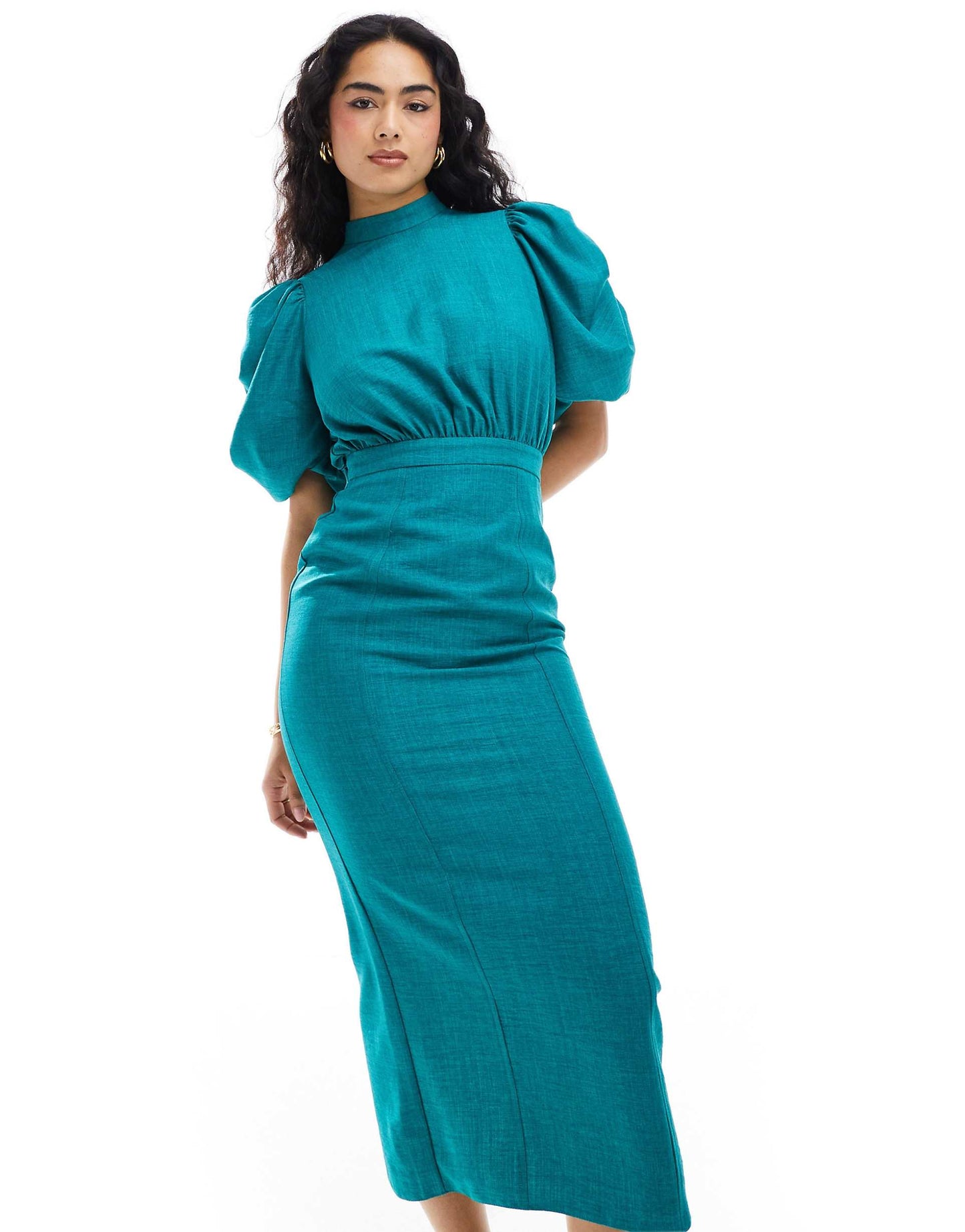 High Neck Volume Sleeve Midi Dress With Fitted Skirt