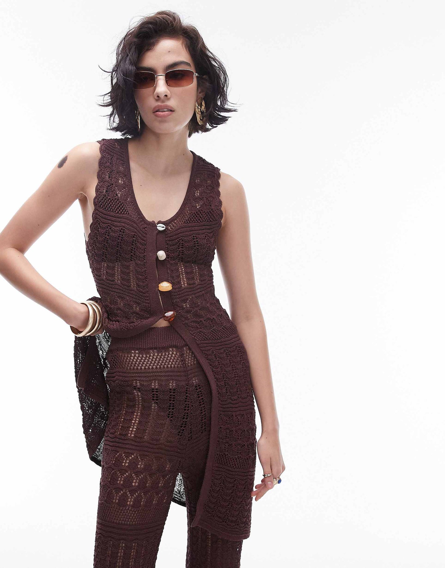 Knitted Co-Ord Long Line Beaded Beach Waistcoat