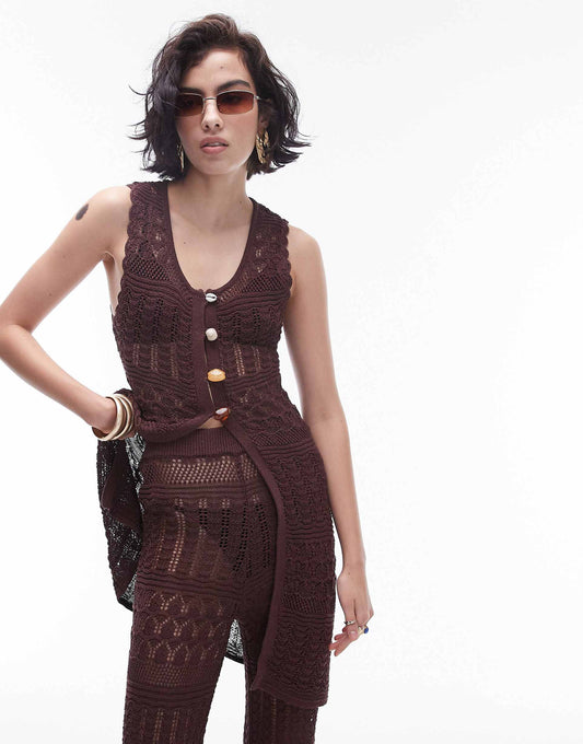 Knitted Co-Ord Long Line Beaded Beach Waistcoat