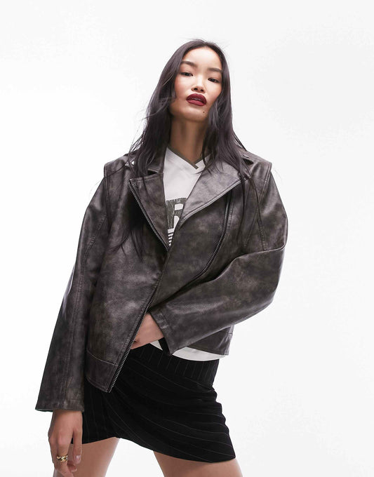 Faux Leather Washed Biker Jacket