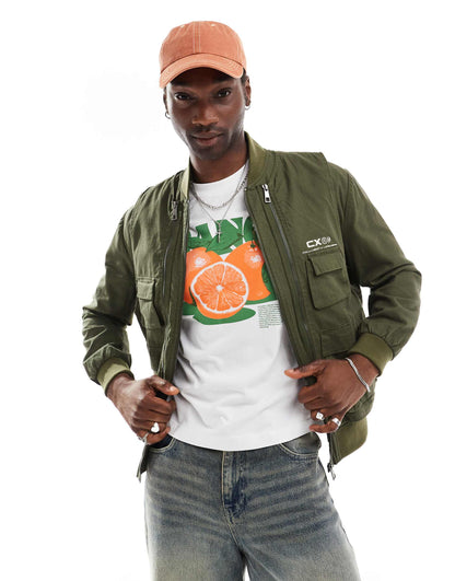 2-in-1 Washed Ripstop Bomber Jacket With Removable Gilet In Khaki