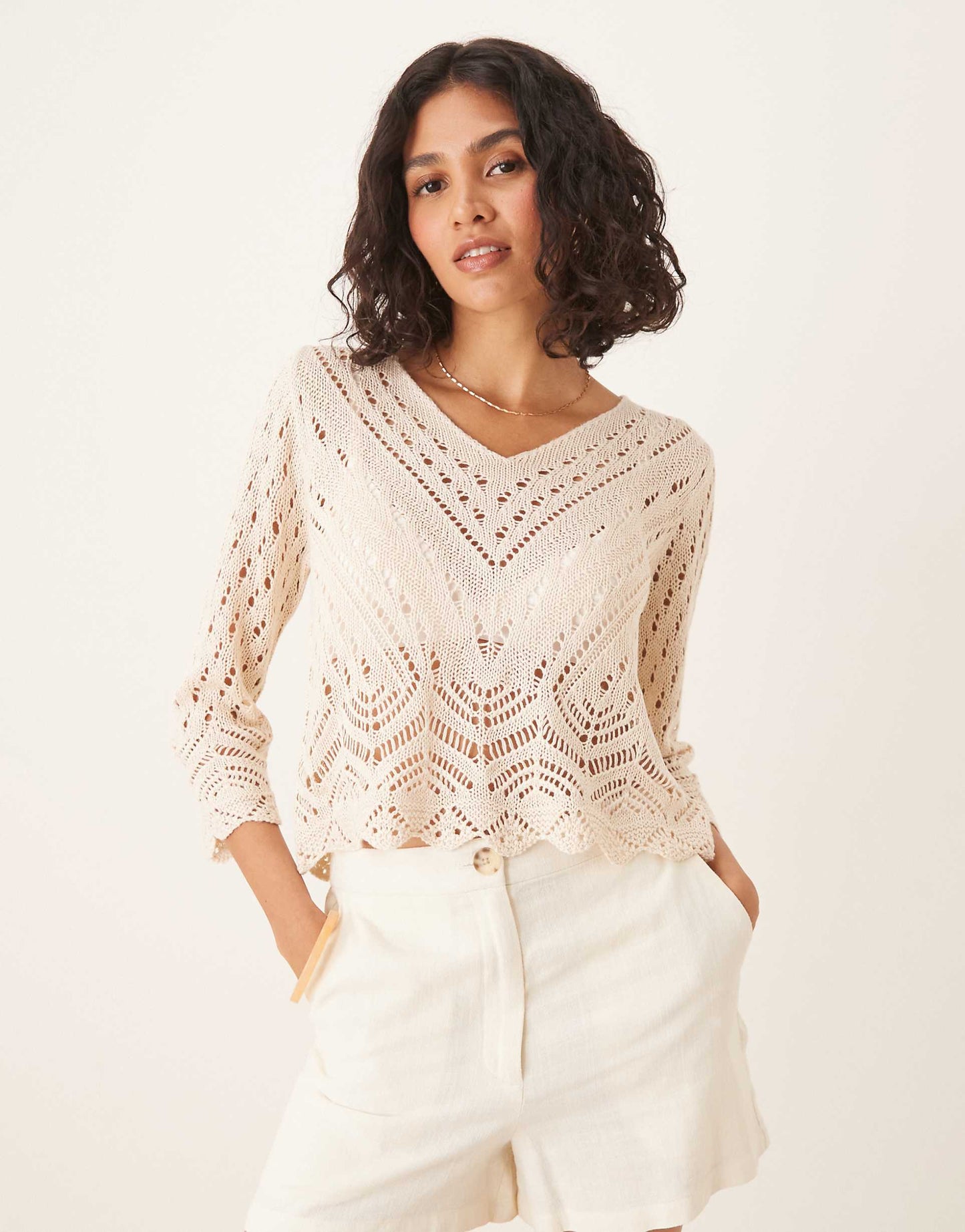 Open Knit Scallop Edge Top