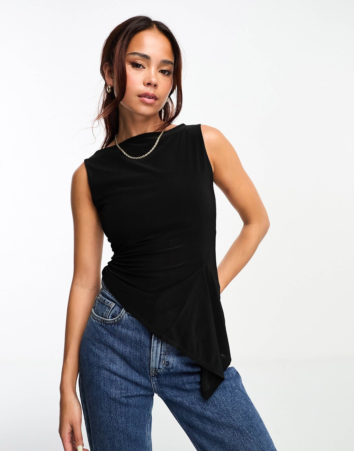 Slash Neck Tank Top With Ruffle Godet Detail