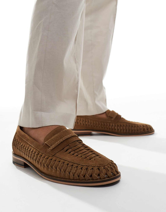 Wes Slip On Mules Weave Loafers In Tan Suede