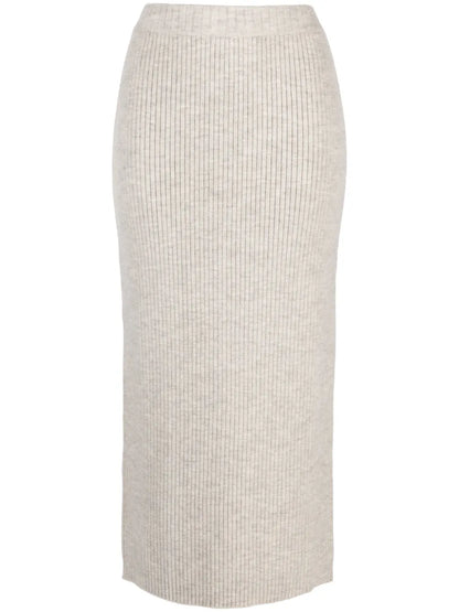 Elasticated-Waistband Ribbed Midi Skirt