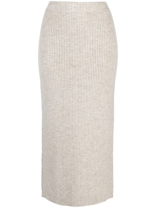 Elasticated-Waistband Ribbed Midi Skirt