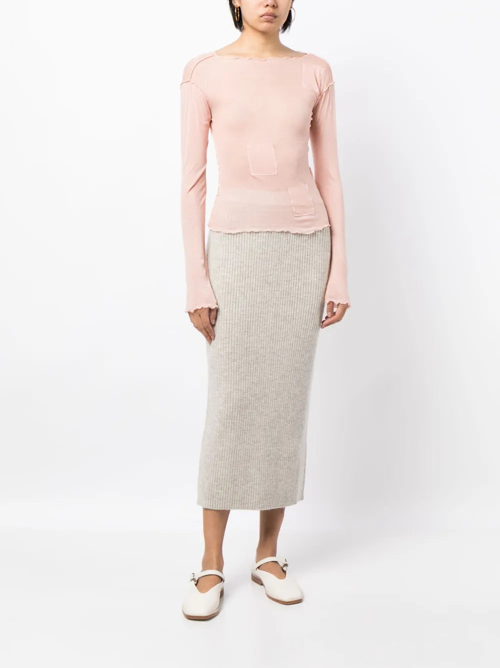 Elasticated-Waistband Ribbed Midi Skirt