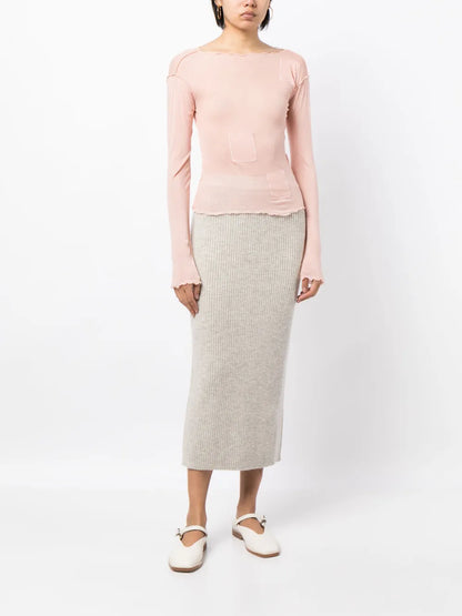 Elasticated-Waistband Ribbed Midi Skirt