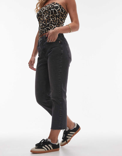 Petite Mid Rise Straight Cropped Jean With Raw Hems