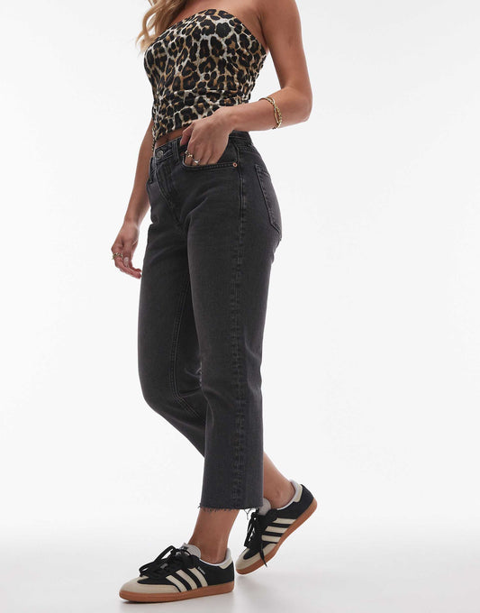 Petite Mid Rise Straight Cropped Jean With Raw Hems