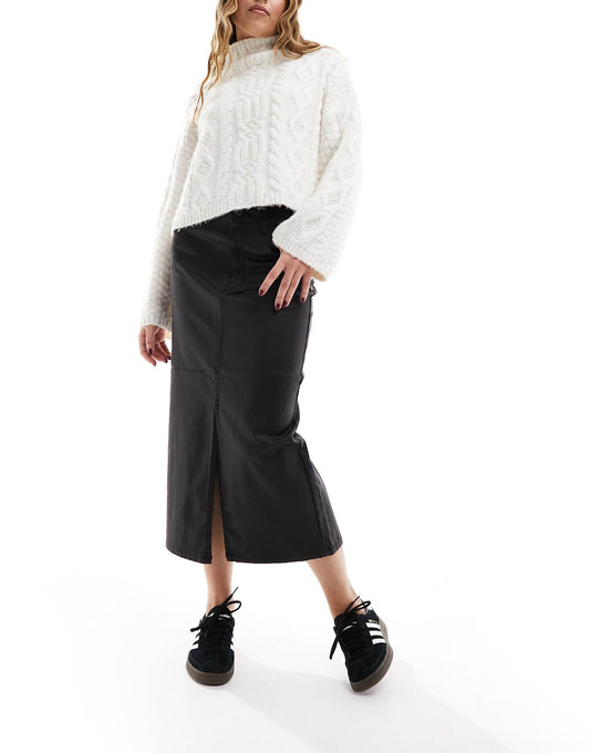 Coated Midi Skirt With Split Front