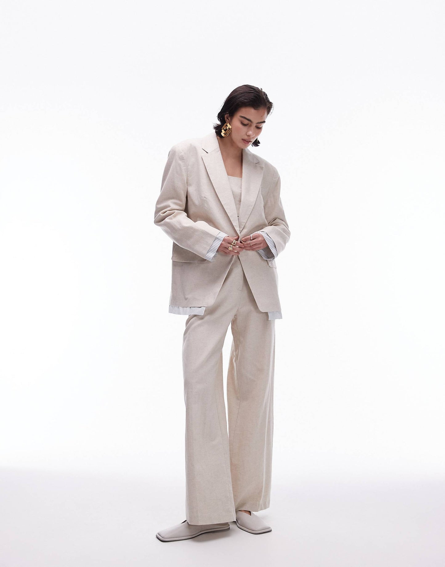 Co-Ord Oversized Linen Blazer With Exposed Stripe Lining
