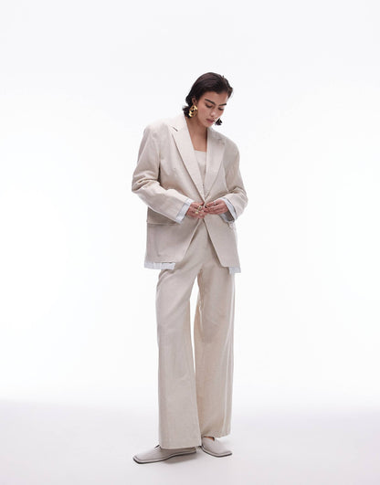 Co-Ord Oversized Linen Blazer With Exposed Stripe Lining