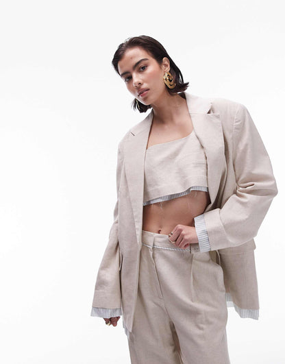 Co-Ord Oversized Linen Blazer With Exposed Stripe Lining