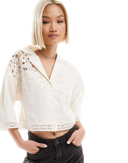 Lace Insert Cropped Boxy Shirt