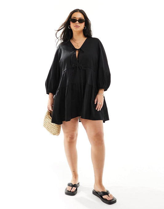 Exclusive Tie Front Tiered Mini Beach Dress