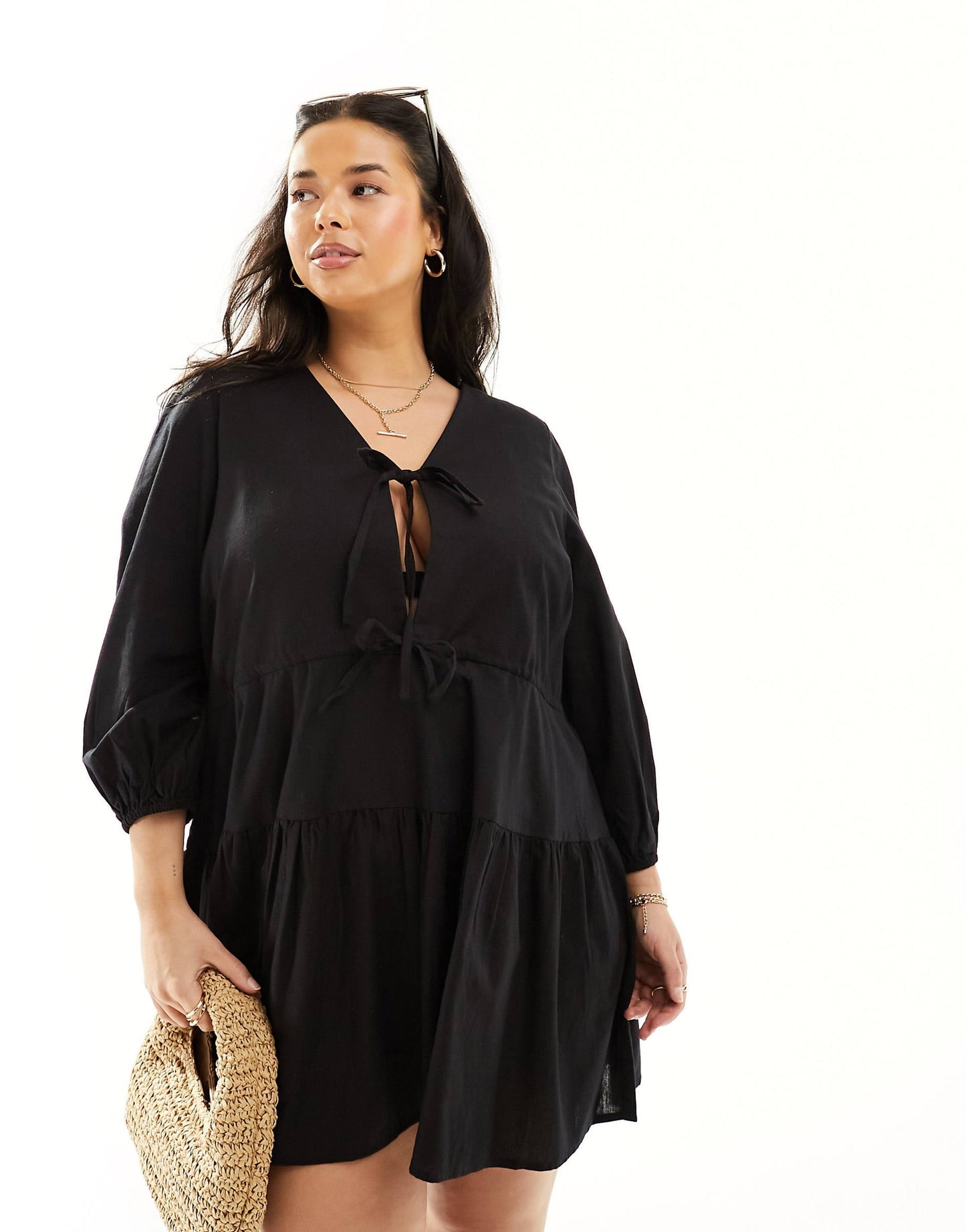 Exclusive Tie Front Tiered Mini Beach Dress