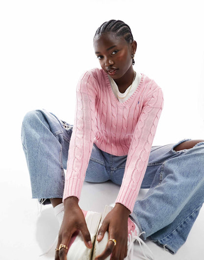 Knitted V Neck Cable Jumper With Logo