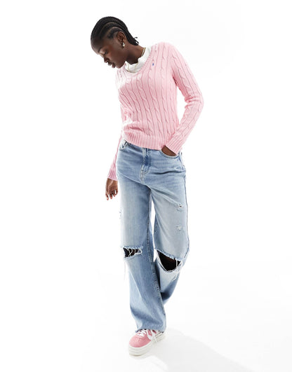 Knitted V Neck Cable Jumper With Logo