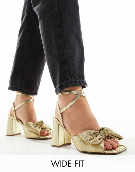 Wide Fit Hitched Bow Detail Mid Block Heeled Sandals