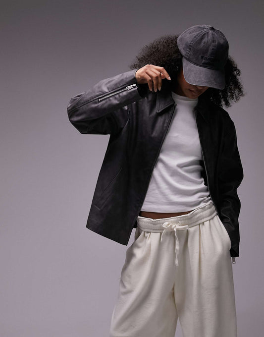 Faux Leather Centre Front Zip Jacket