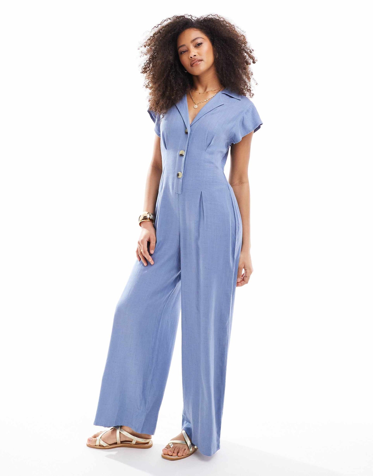 Collared Linen Button Through Jumpsuit