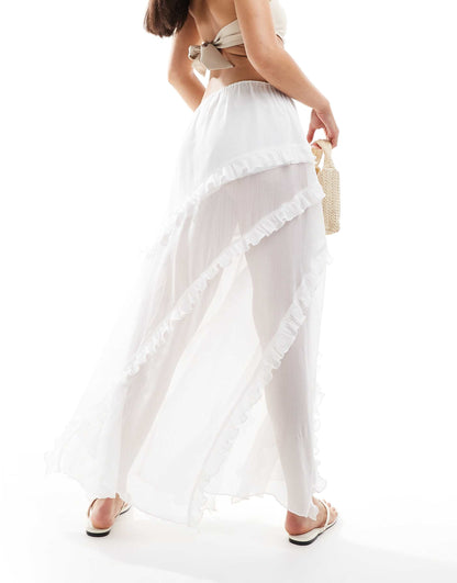 Semi Sheer Ruffle Trim Chiffon Maxi Beach Skirt