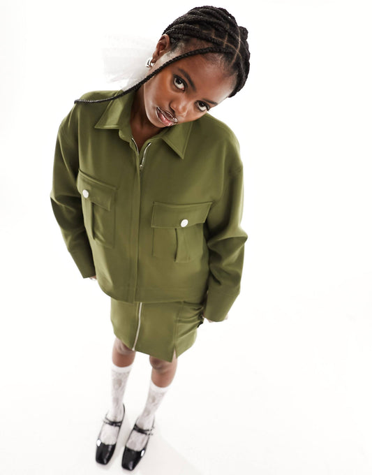 Khaki Collared Zip Up Utility Jacket Co-Ord