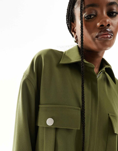 Khaki Collared Zip Up Utility Jacket Co-Ord