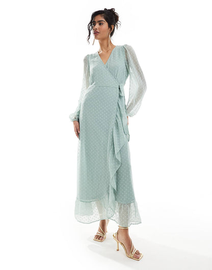 Bridesmaid Dobby Wrap Maxi Dress With Frill Detail