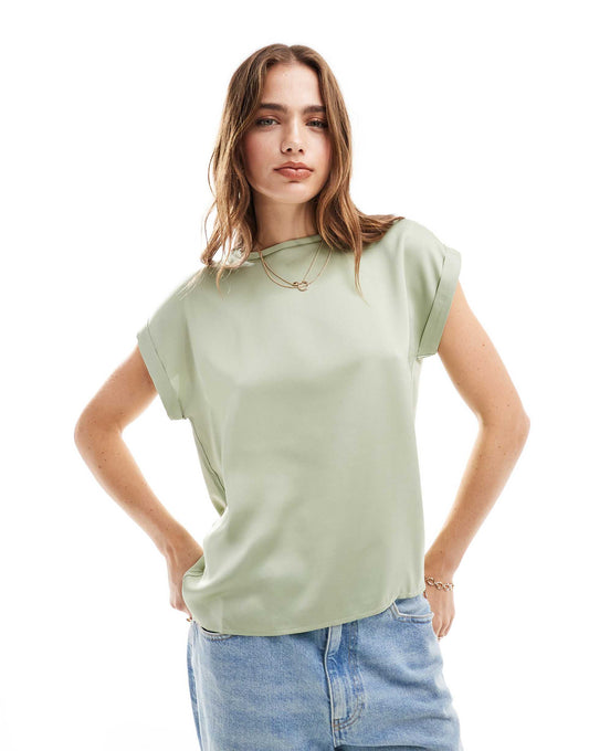 Satin Front T-Shirt With Turn Up Sleeve