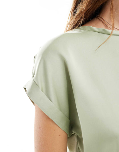 Satin Front T-Shirt With Turn Up Sleeve