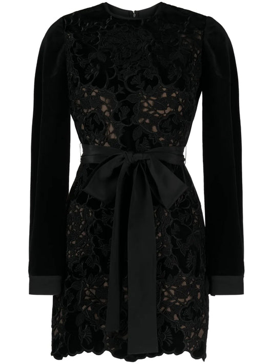 Floral-Lace Detailing Velvet-Finish Dress