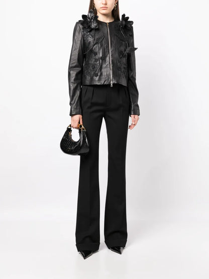 Floral-Embroidered Leather Jacket
