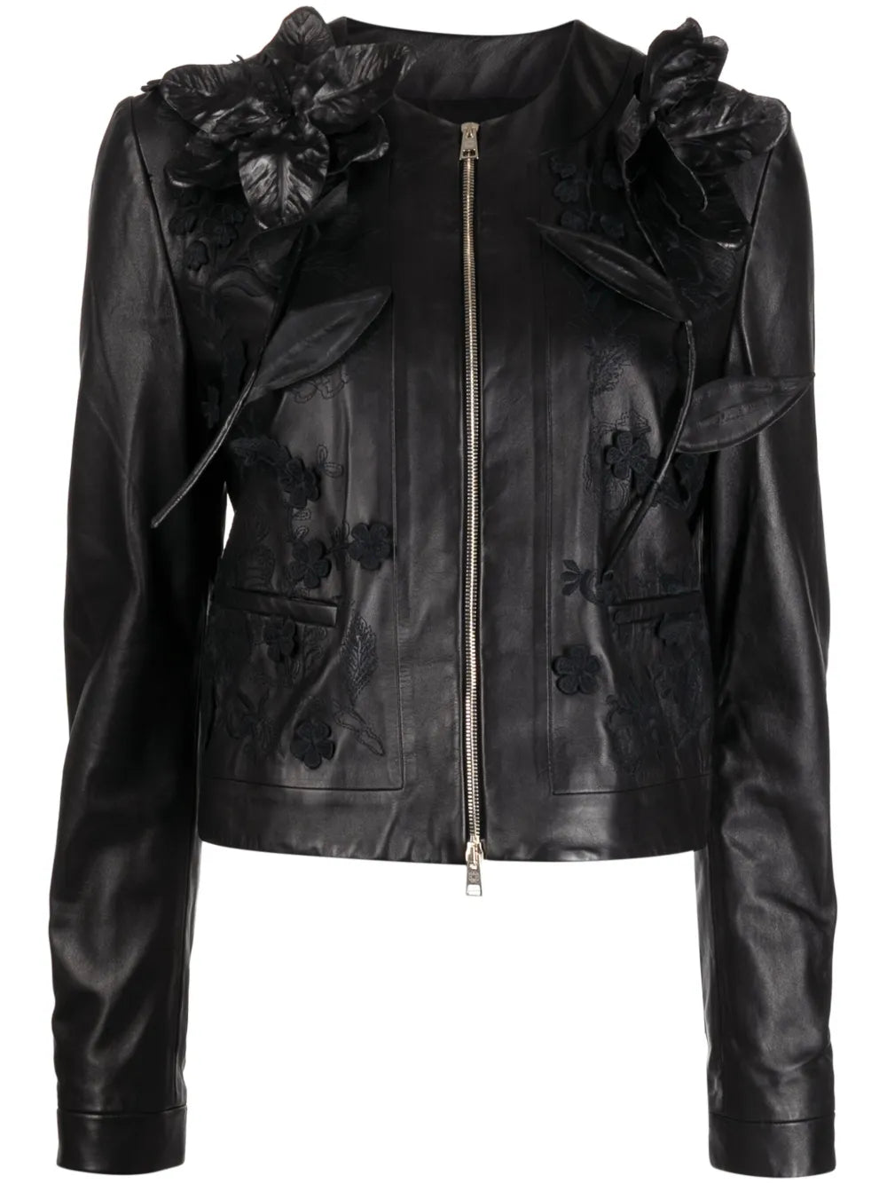 Floral-Embroidered Leather Jacket