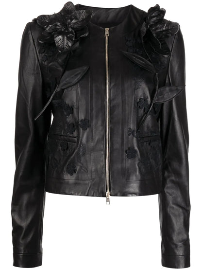 Floral-Embroidered Leather Jacket