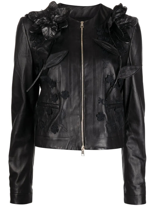 Floral-Embroidered Leather Jacket