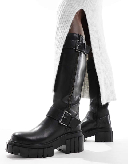 Finchley High Leg Buckle Strap Leather Zip Biker Boots