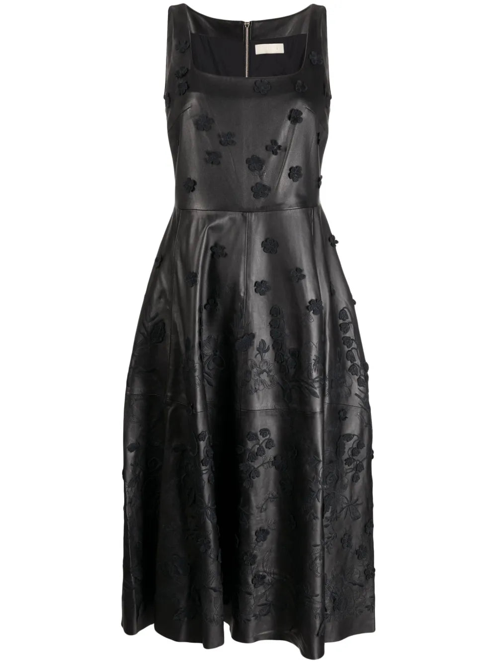 Floral-Appliqué Leather Midi Dress